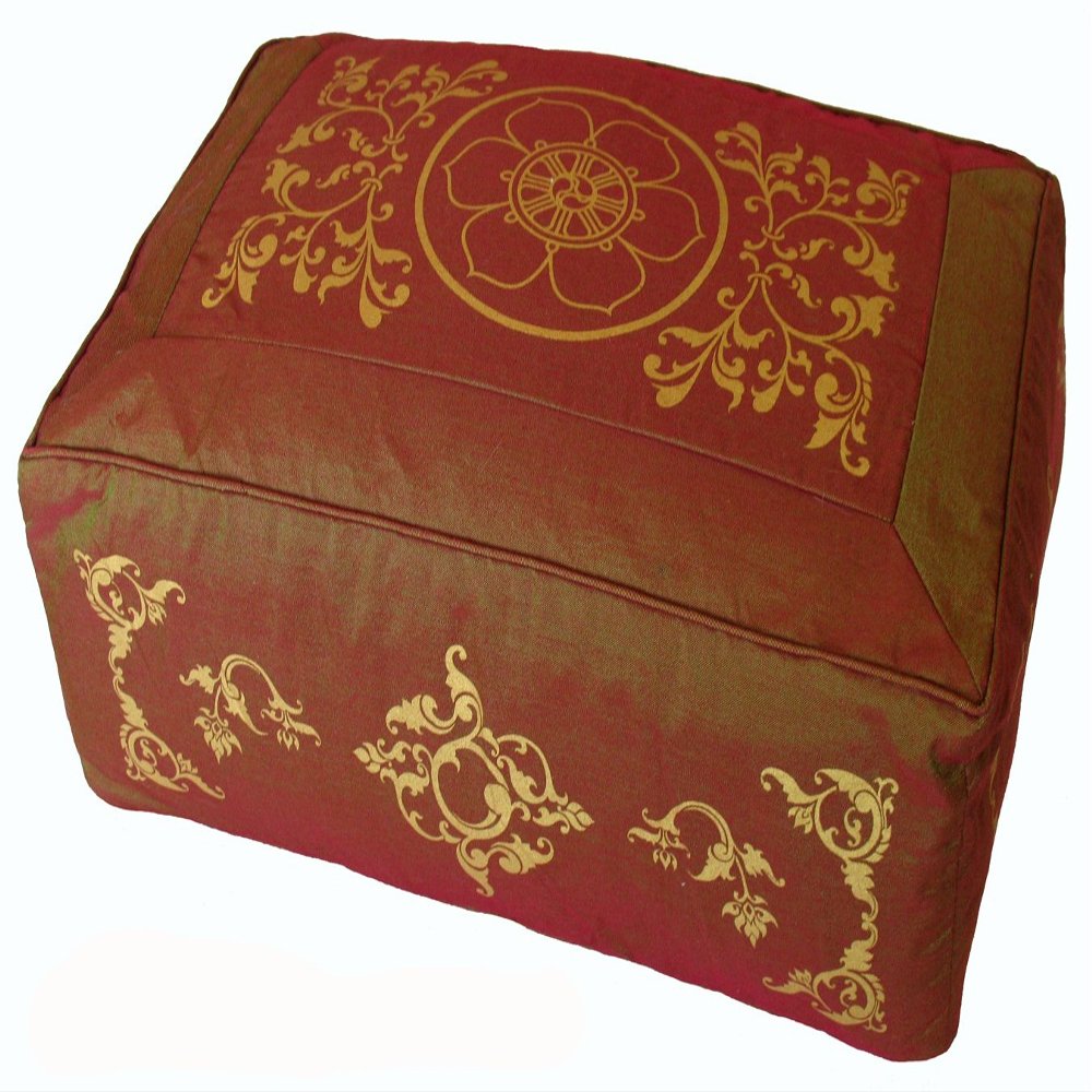 Boon Decor Rectangular Zafu Seat Meditation Cushion Buckwheat and Kapok Fill - Silkscreen Sacred Symbols (Saffron Vine Dharma Wheel)