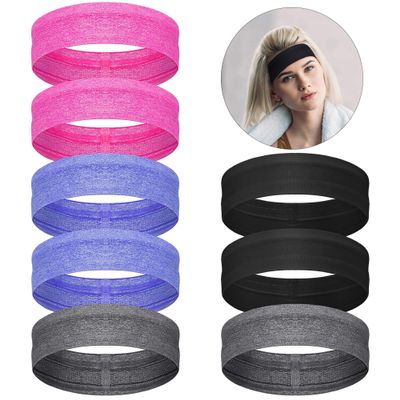 8 Pieces Sweatbands Non Slip Headbands Stretchy Running Sports Sweatbands Workout Headband Grip Silicone Yoga Hair Band Elastic Exercise Hair Wrap for Women Men(Black, Gray, Purple and Pink)