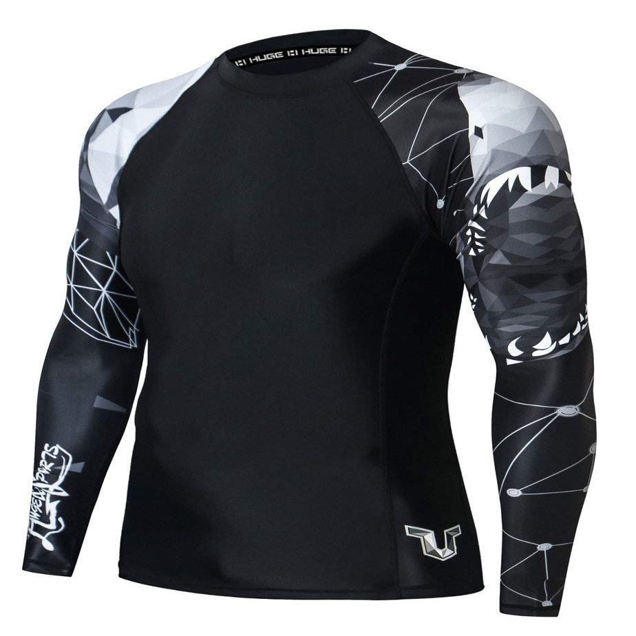 ADOREISM Quick-Dry Men's Long Sleeve Rash Guard UPF 50+ Compression Swim Shirt (Shark, 2XL)