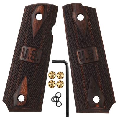 Cool Hand 1911 Wood Grips, Screws Included, Full Size(Government/Commander), Checker Diamond Cut, Ambi Safety Cut (Brown w/US Logo)