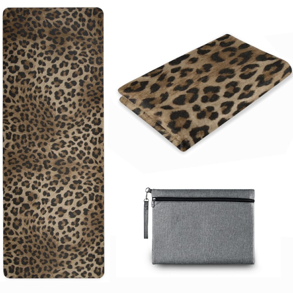 Naanle Leopard Yoga Mat with Carrying Bag Set, Leopard Print Exercise Mat Foldable Non Slip Travel Lightweight Workout Rug for Home Gym Yoga Pilates Stretching Floor Fitness 71x26 in