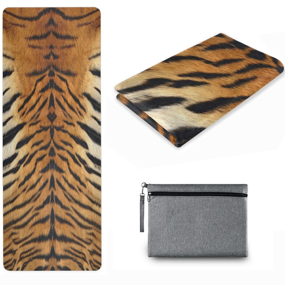 Naanle Tiger Yoga Mat with Carrying Bag Set, Tiger Print Exercise Mat Foldable Non Slip Travel Lightweight Workout Rug for Home Gym Yoga Pilates Stretching Floor Fitness 71x26 in