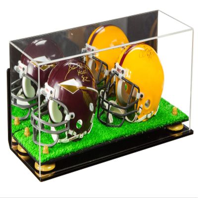 Better Display Cases Acrylic Double Mini - Miniature (not Full Size) Football Helmet or Mini Goalie Mask Display Case with Mirror Case, Yellow Risers, Wall Mount and Turf Base (A019/V46)