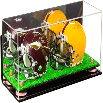 Better Display Cases Acrylic Double Mini - Miniature (not Full Size) Football Helmet or Mini Goalie Mask Display Case with Mirror Case, Pink Risers, Wall Mount and Turf Base (A019/V46)