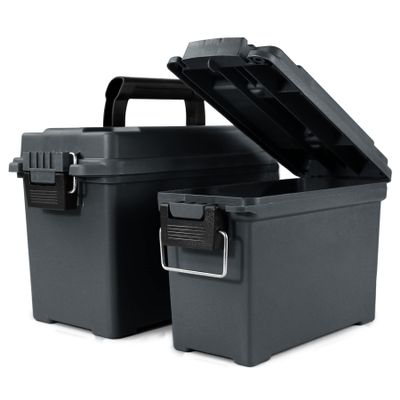 GUGULUZA Plastic Ammo Cans, 2-Pack Lockable Waterproof Storage Containers, Field Boxes with Handle for Hunting Gear, Shooting Supplies, Stackable Dust Resistant Ammo Case Grey