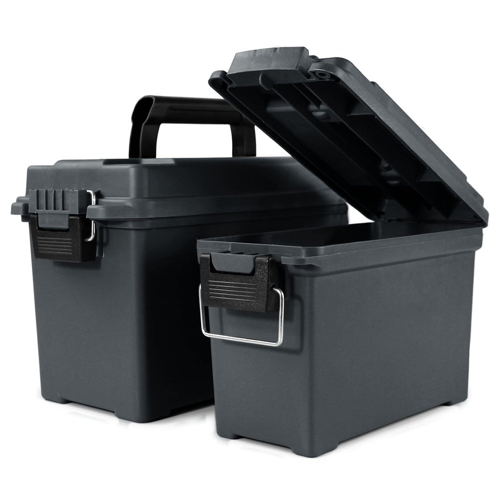 GUGULUZA Plastic Ammo Cans, 2-Pack Lockable Waterproof Storage Containers, Field Boxes with Handle for Hunting Gear, Shooting Supplies, Stackable Dust Resistant Ammo Case Grey