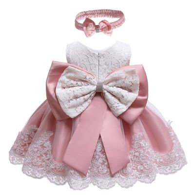 WOCINL Baby Girls Lace Bowknot Flower Dresses Princess Wedding Birthday Pageant Baptism Christening Tutu Gown w/Headwear Dusty Rose 3-6M