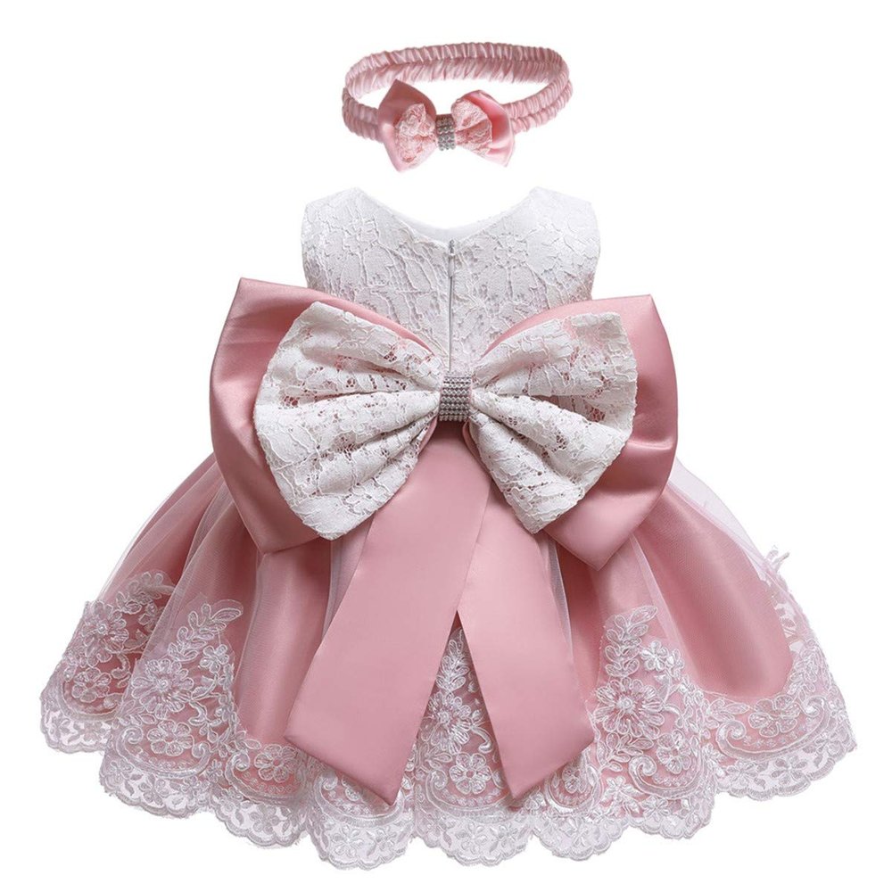 WOCINL Baby Girls Lace Bowknot Flower Dresses Princess Wedding Birthday Pageant Baptism Christening Tutu Gown w/Headwear Dusty Rose 3-6M