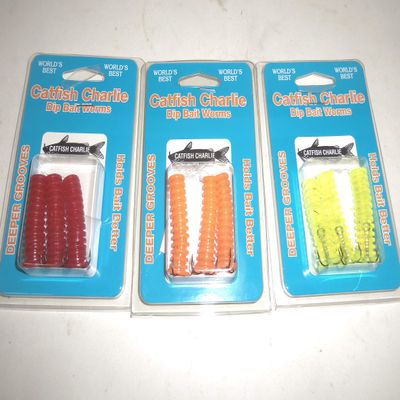 Catfish Charlie Dip Bait Worms, 3 Piece Variety (3 Packs), Red, Orange, & Chartreuse