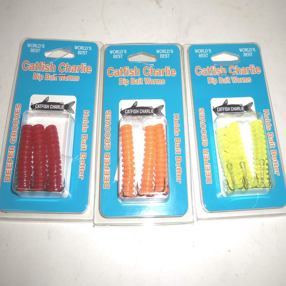 Catfish Charlie Dip Bait Worms, 3 Piece Variety (3 Packs), Red, Orange, & Chartreuse