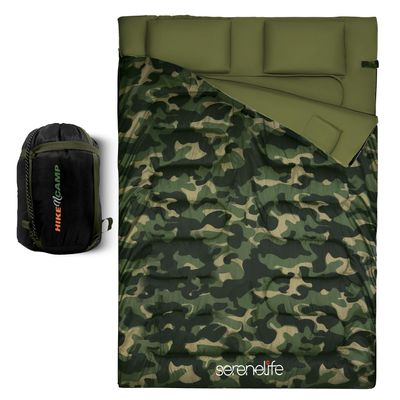 SereneLife Backpacking Sleeping Bag Camping Gear - Double Sleeping Bag for Adults/Teens w/ 2 Pillows, Bag - Outdoor Lightweight Weather Proof Sleeping Bags - Camping, Hiking - SLSBCA (Camouflage)