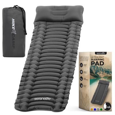 SereneLife Sleeping Pad with Pillow for Camping - Compact Sleeping Mat with Fast Inflation, Lightweight, and Tear-Resistant Backpacking Air Mattress with Carry Bag for Camping, Backpacking, Hiking
