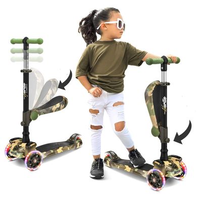 Hurtle Kids Scooter - Child Toddler Kick Scooter Toy with Foldable Seat - 3 Wheel Scooter with Adjustable Height, Anti-Slip Deck, Flashing Wheel Lights, for Boys/Girls 1-12 Year Old, Camouflage