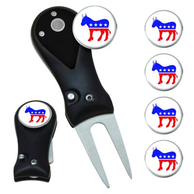Clip Wipes Democrat Divot Tool | Switchblade Style & 5 Democratic Ball Markers (Black-Seal)