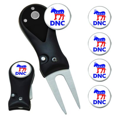 Clip Wipes Democrat Divot Tool | Switchblade Style & 5 Democratic Ball Markers (Black-DNC)
