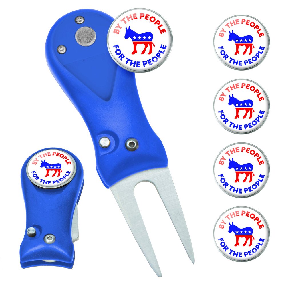 Clip Wipes Democrat Divot Tool | Switchblade Style & 5 Democratic Ball Markers (Blue-People)