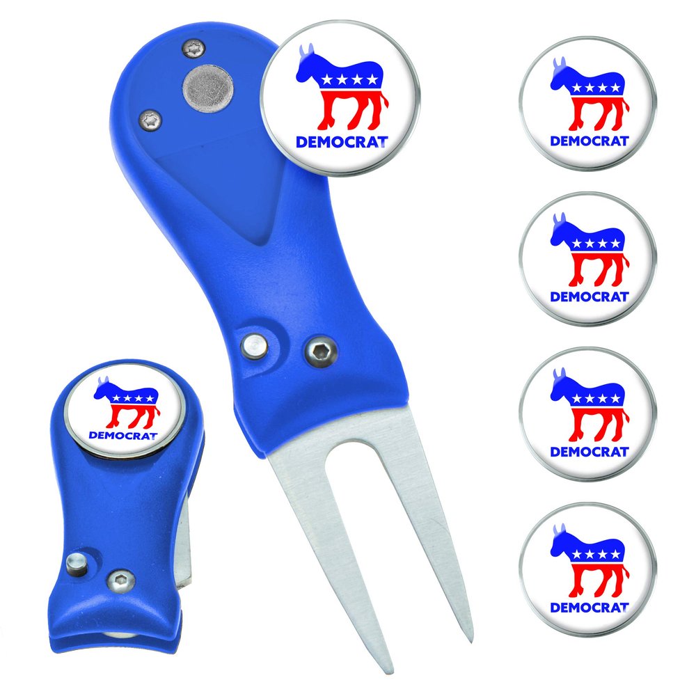 Clip Wipes Democrat Divot Tool | Switchblade Style & 5 Democratic Ball Markers (Blue-Democrat)