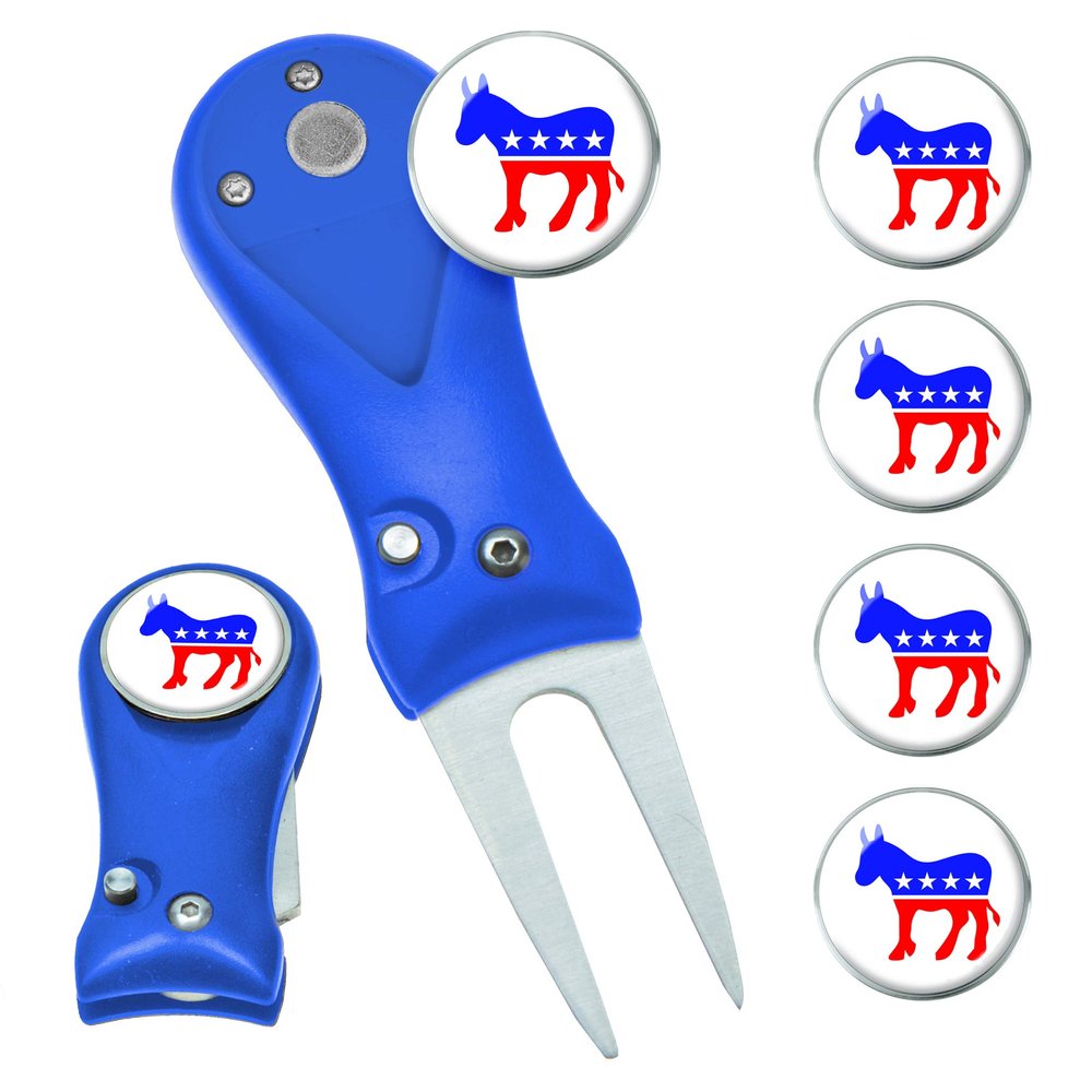 Clip Wipes Democrat Divot Tool | Switchblade Style & 5 Democratic Ball Markers (Blue-Seal)