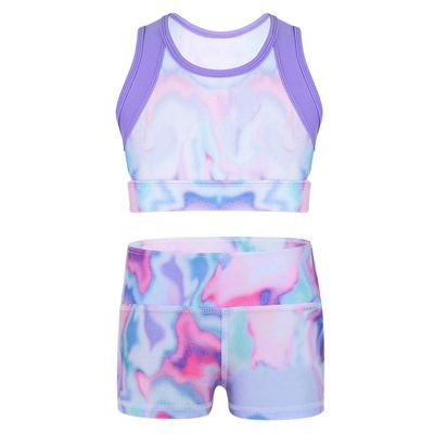 easyforever Kids Girls 2pcs Tankini Sports Ballet Dance Outfit Colorful Tie-dye Gymnastics Leotard Swimwear Colorful 14 Years