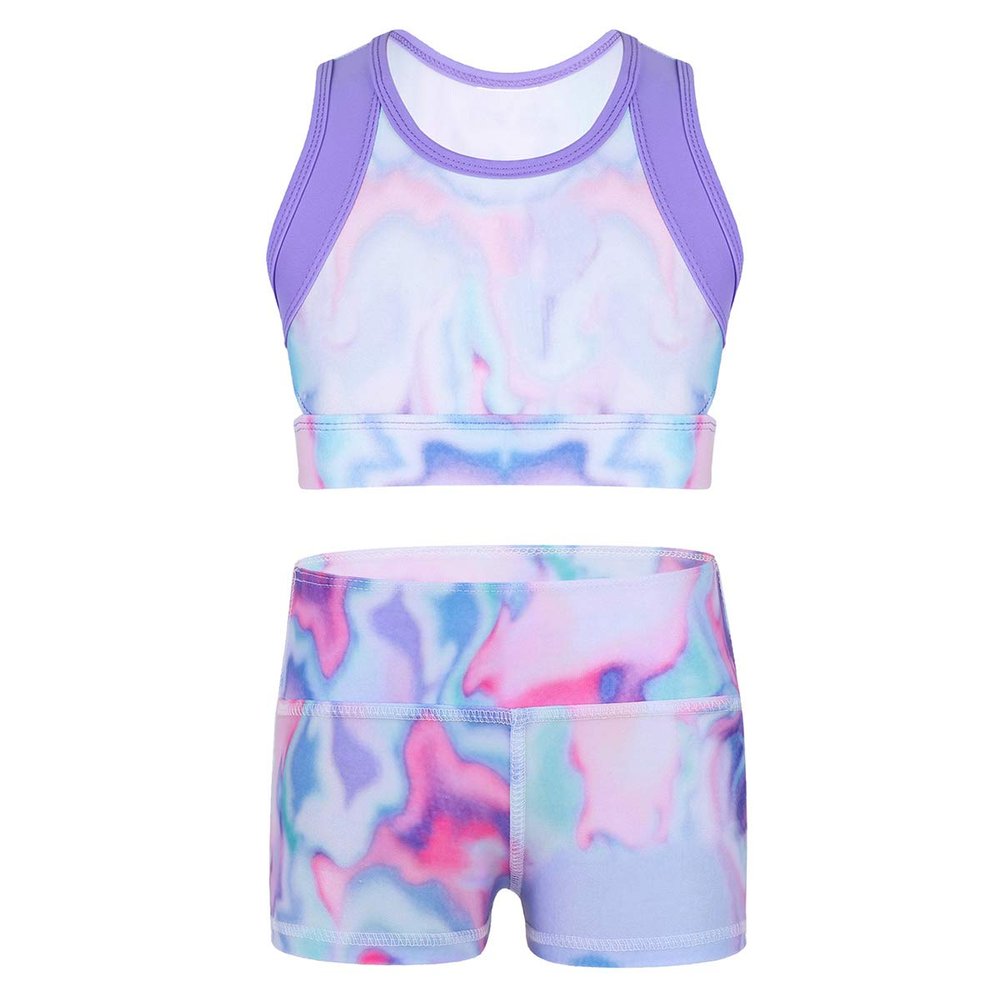 easyforever Kids Girls 2pcs Tankini Sports Ballet Dance Outfit Colorful Tie-dye Gymnastics Leotard Swimwear Colorful 14 Years
