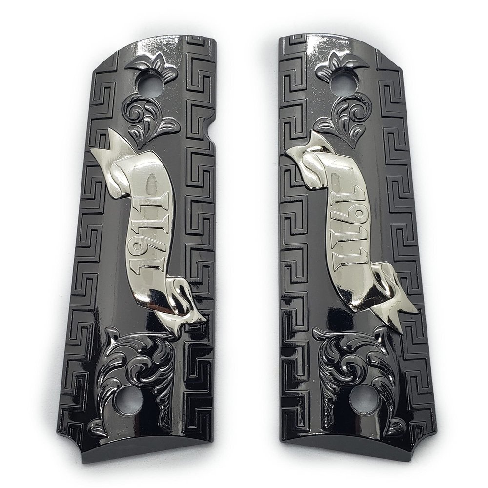 1911 Grip Panels Full Size Black Nickel - Metal 1911 Grips
