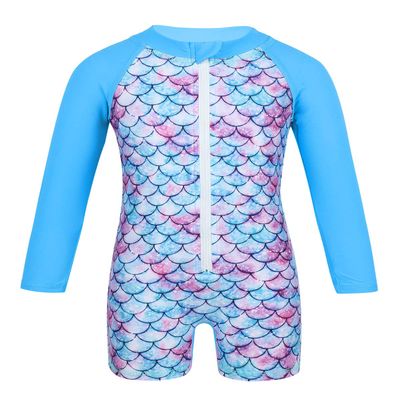 Aislor Infant Baby Girls Long Sleeves Mermaid Fish Scales Pattern Leotard Jumpsuit Swimsuit Swimming Swimwear Blue 6-12 Months