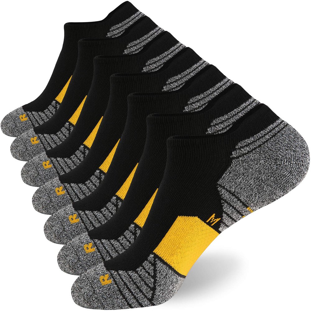 WANDER Men's Athletic Running Socks 7 Pairs Thick Cushion Ankle Socks for Men Sport Low Cut Socks 6-9/10-12 (7 Pairs Black Yellow, Shoe Size: 12-14)