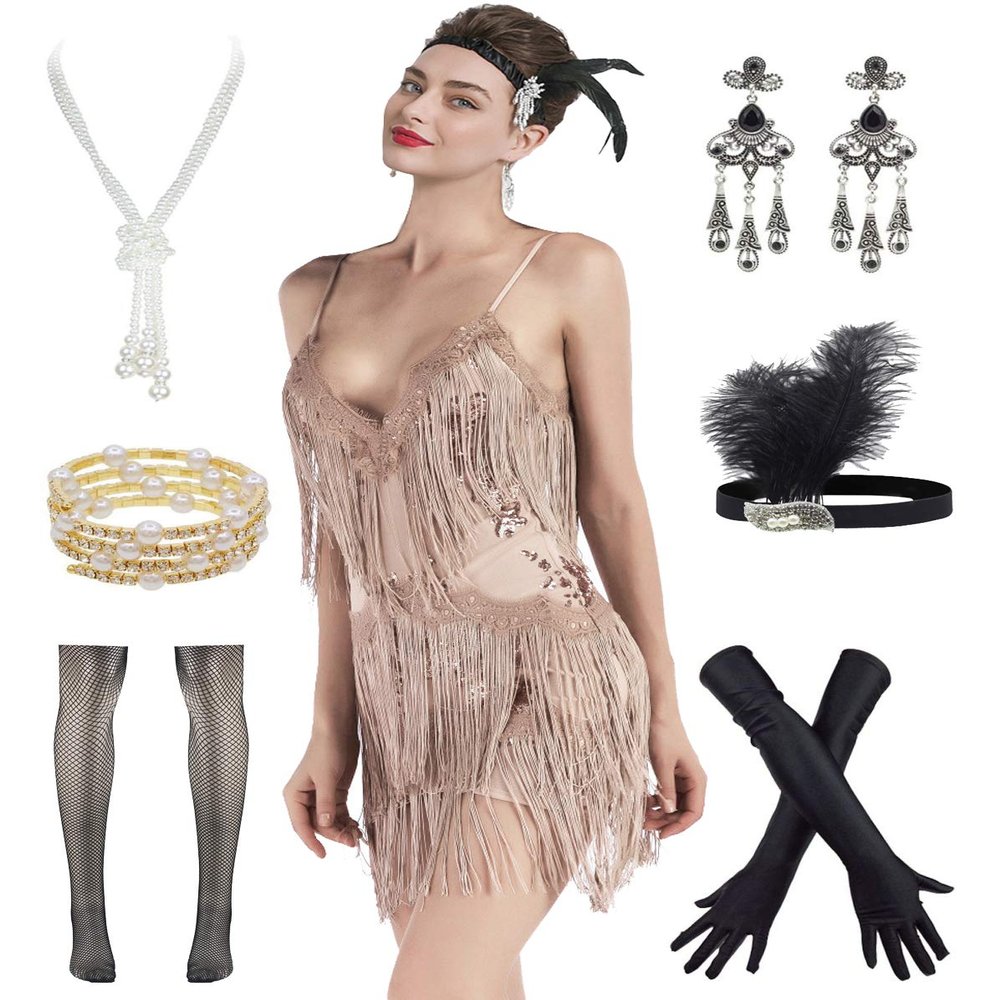 1920s Gatsby Sleeve Sequin Fringed Paisley 20s Costume Cocktail Flapper Dress w/ 20s Accessories Set (X-Large, Style Sequin Gold)