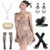 1920s Gatsby Sleeve Sequin Fringed Paisley 20s Costume Cocktail Flapper Dress w/ 20s Accessories Set (X-Large, Style Sequin Gold) view 1