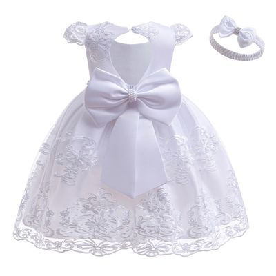 WOCINL Baby Girls Christening Backless Embroidered Lace Dress Princess Bowknot Wedding Birthday Party Baptism Gown w/Headwear White 5-6T