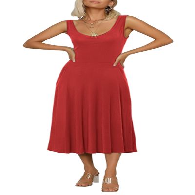 Urban CoCo Women's Summer Casual Sleeveless Flared Midi Dress Swing T-Shirt Dresses with Pockets (L, Red)