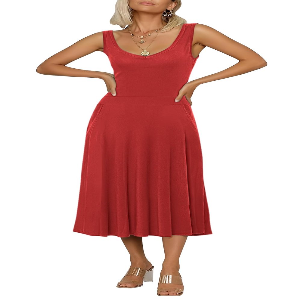 Urban CoCo Women's Summer Casual Sleeveless Flared Midi Dress Swing T-Shirt Dresses with Pockets (L, Red)