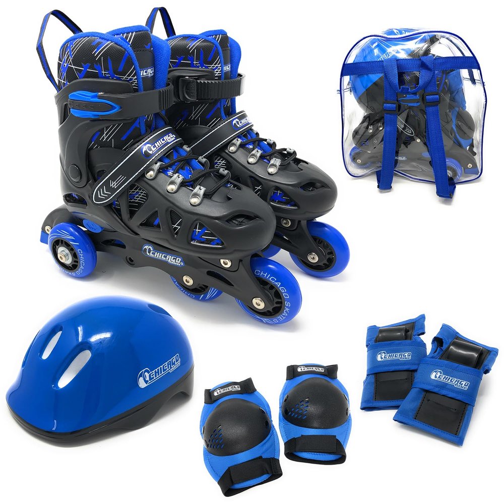 Chicago Inline Training Roller Skates with Protective Gear for Kids  Durable, Top Performance Roller Blades - Wrist Guards, Kneepads & Backpack Padded High-Top Boots,64mm Wheels - Indoor/Outdoor Use