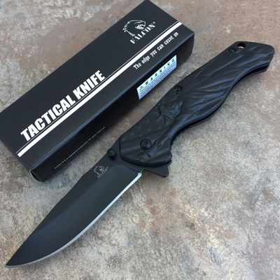 Falcon 8 Inch Folding Pocket Knife Colorful Stainless Steel Blade, 3D Statue of Liberty Engraved Handle with Belt Clip, EDC Utility Knife (Black)