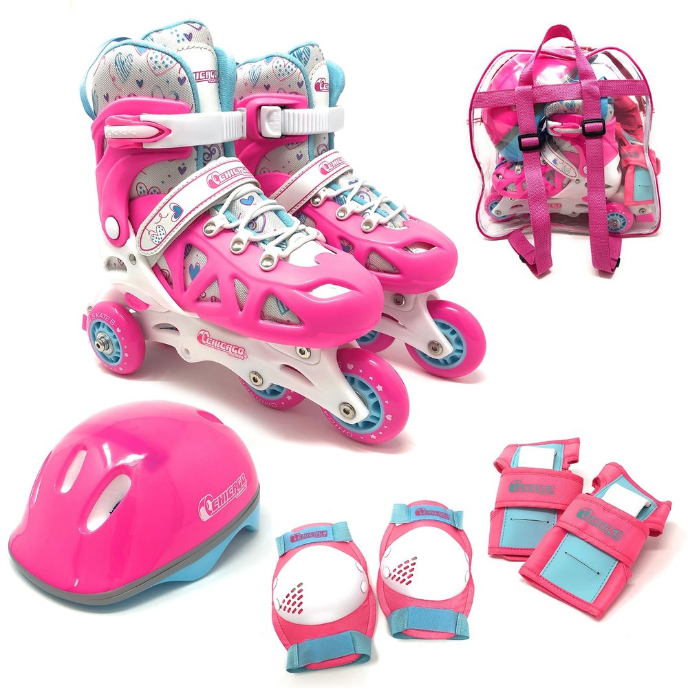 Chicago Inline Training Roller Skates with Protective Gear for Kids Durable, Top Performance Roller Blades - Wrist Guards, Kneepads & Backpack Padded High-Top Boots,64mm Wheels - Indoor/Outdoor Use