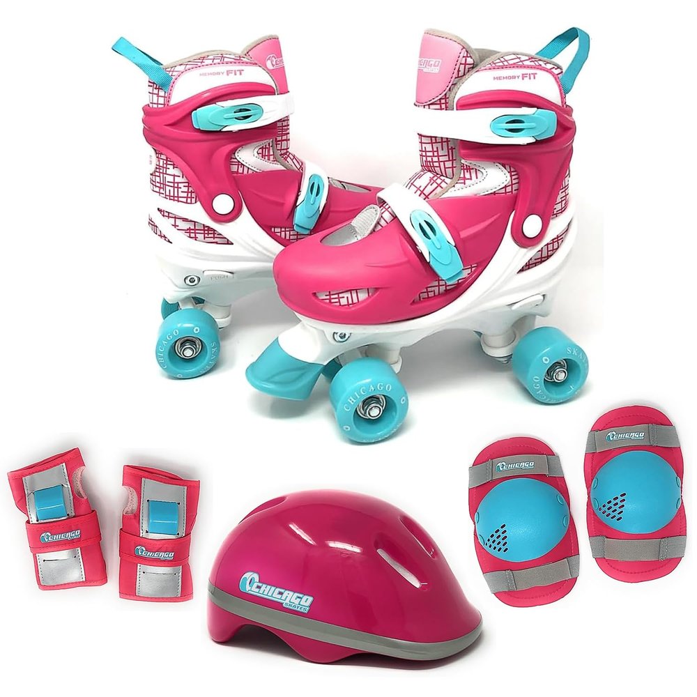 Chicago Roller Skates for Girls & Boys with Protective Gear Helmet, Knee Pads & Wrist Guards Durable Top Performance Indoor/Outdoor Use, Safety High Top Boot, 60mm PU Wheels with Secure Buckles