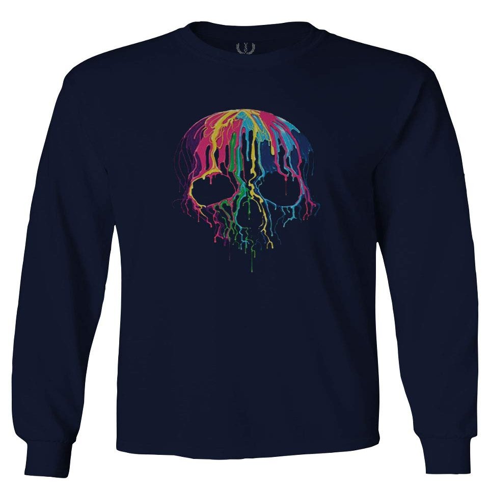 0292. Cool Graphic Skull Melting Streetwear Hip hop Society Men's Long Sleeve t Shirt (Characol, 2X Large)