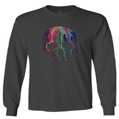 0292. Cool Graphic Skull Melting Streetwear Hip hop Society Men's Long Sleeve t Shirt (Characol, 2X Large)