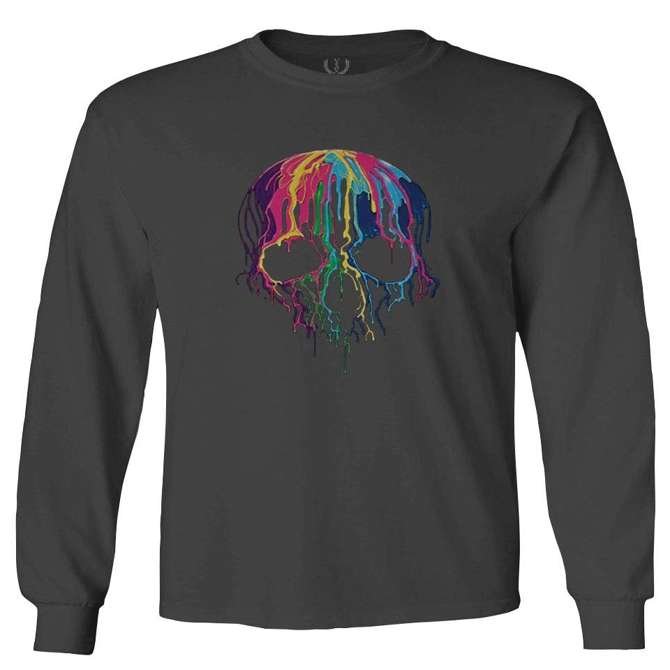 0292. Cool Graphic Skull Melting Streetwear Hip hop Society Men's Long Sleeve t Shirt (Characol, 2X Large)