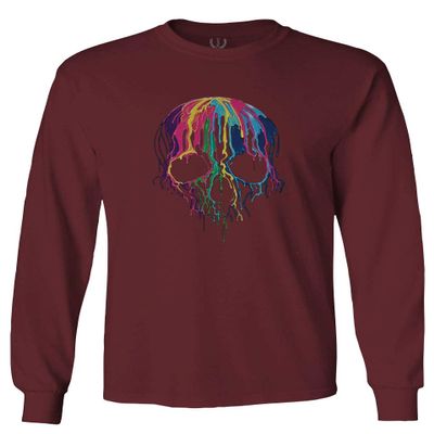 0292. Cool Graphic Skull Melting Streetwear Hip hop Society Men's Long Sleeve t Shirt (Maroon Large)