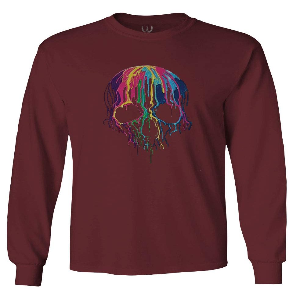 0292. Cool Graphic Skull Melting Streetwear Hip hop Society Men's Long Sleeve t Shirt (Maroon Large)