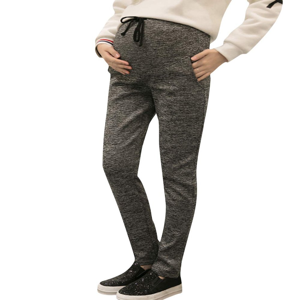 ZGZZ7 Maternity Pregnant Women Winter Warm Active Sweatpants Casual Fleece-Lining Joggers Pants (Grey, Large)