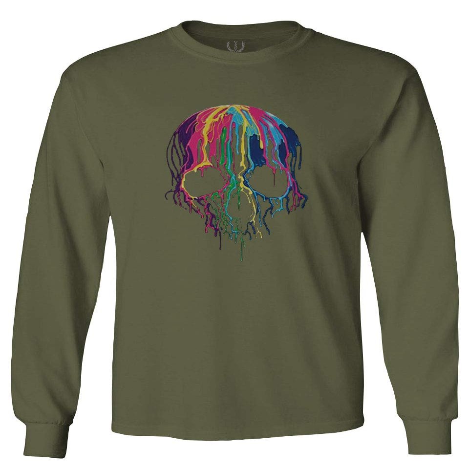 0292. Cool Graphic Skull Melting Streetwear Hip hop Society Men's Long Sleeve t Shirt (Olive, Medium)