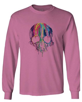 0292. Cool Graphic Skull Melting Streetwear Hip hop Society Men's Long Sleeve t Shirt (Pink Large)