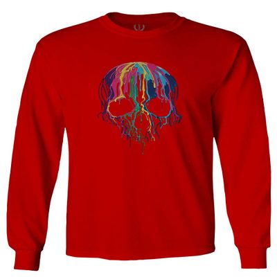 0292. Cool Graphic Skull Melting Streetwear Hip hop Society Men's Long Sleeve t Shirt (Red, 2X Large)