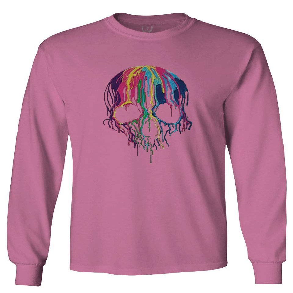 0292. Cool Graphic Skull Melting Streetwear Hip hop Society Men's Long Sleeve t Shirt (Pink X-Large)