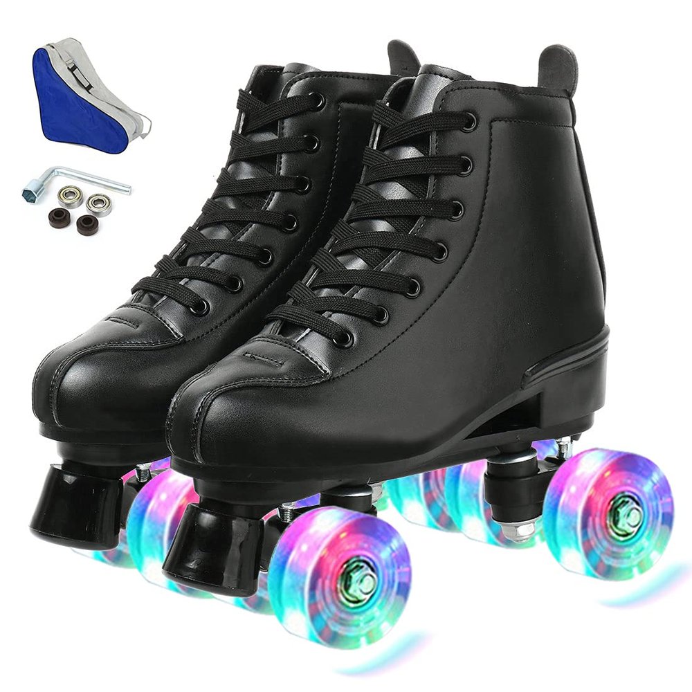 XUDREZ Roller Skates Adjustable Soft Leather High-top Roller Skates Four-Wheel Roller Skates Fun Shiny Roller Skates for Adult, Boys, Girls