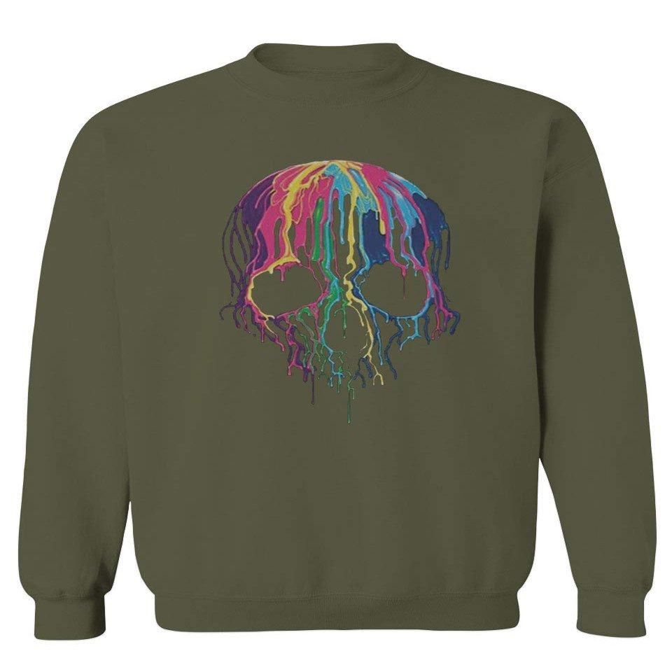 0292. Cool Graphic Skull Melting Streetwear Hip hop Society Men's Crewneck Sweatshirt (Olive, X-Large)