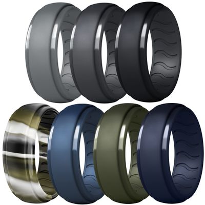 Dookeh Breathable Mens Silicone Wedding Rings, Rubber Ring Bands For Men, Black Blue Camo Engagement Band, Best for Workout, 1-4-7 Pack (Y-Gray,Dgray,Black,Forest Camo,Blue,Green,Navy Blue, 12)