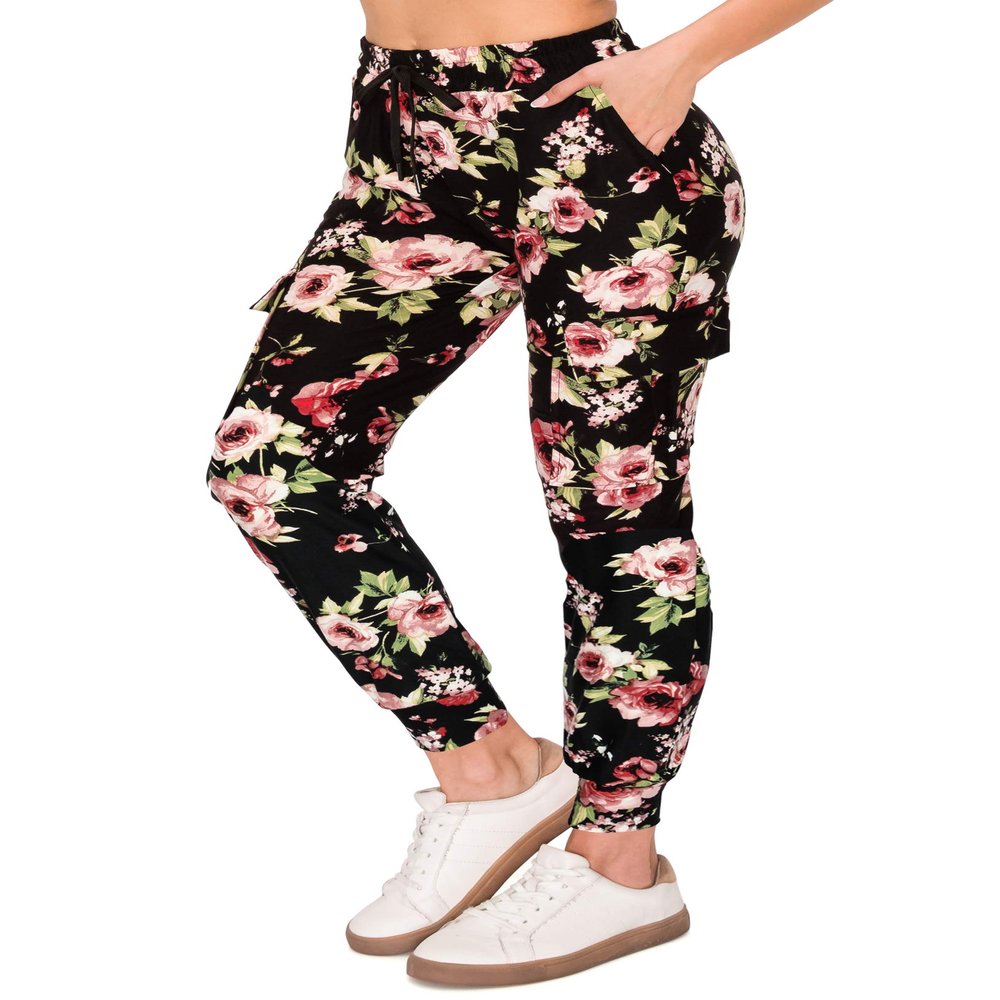 ALWAYS Cargo Jogger Pants for Women, High Waisted Sweatpants with Pockets, Buttery Soft Lounge Pants for Athletic Yoga, Gym & Performance Wear, Floral 1882 Black L